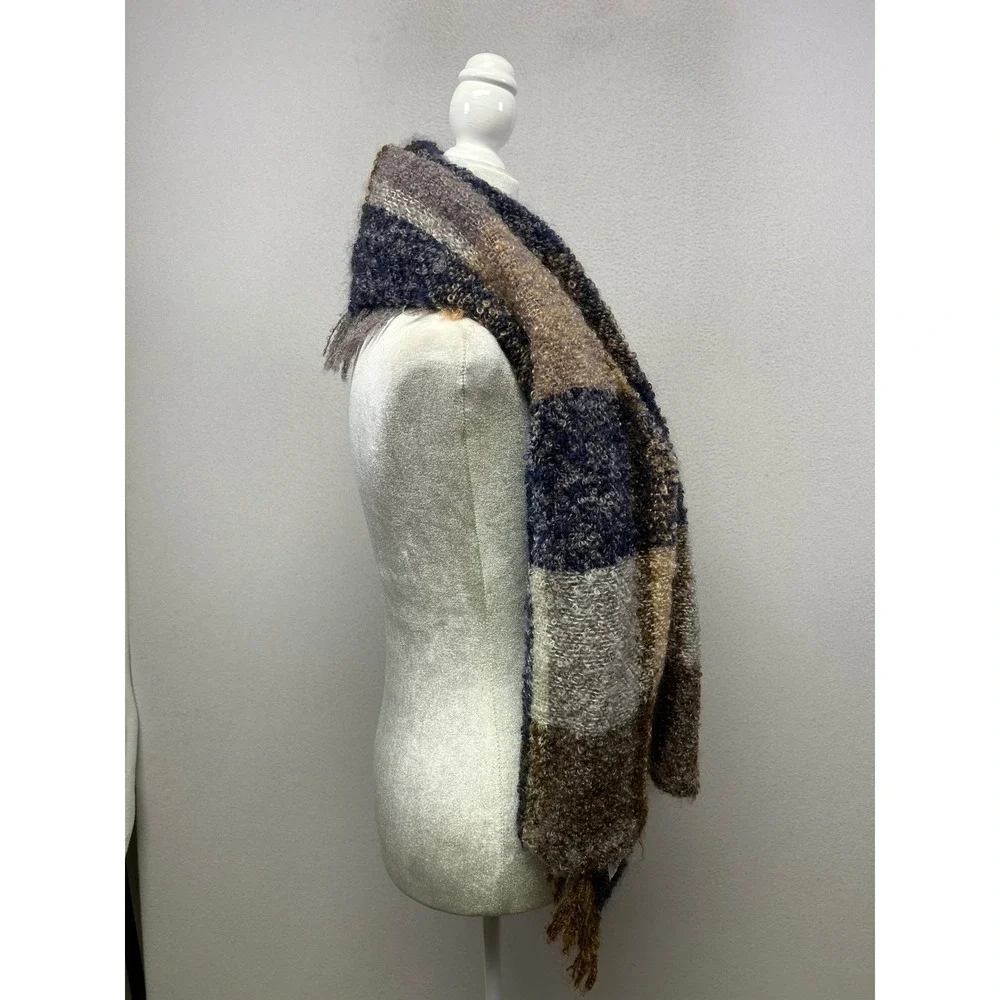 Dark Academia Avoca Womens OS Blue‎ Brown Mohair Wool Plaid Fringe Wrap Shawl